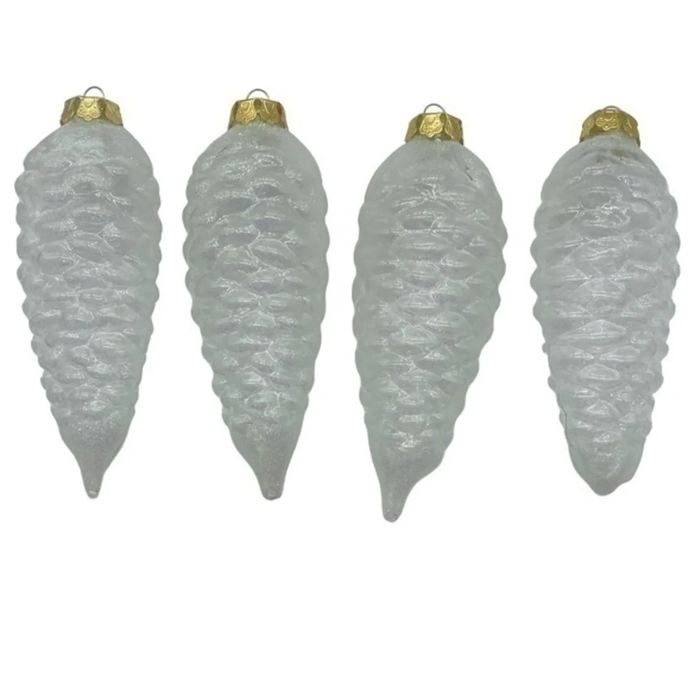 Vintage Frosted Glittery Pine Cone Ornaments Hand Blown Set of 4